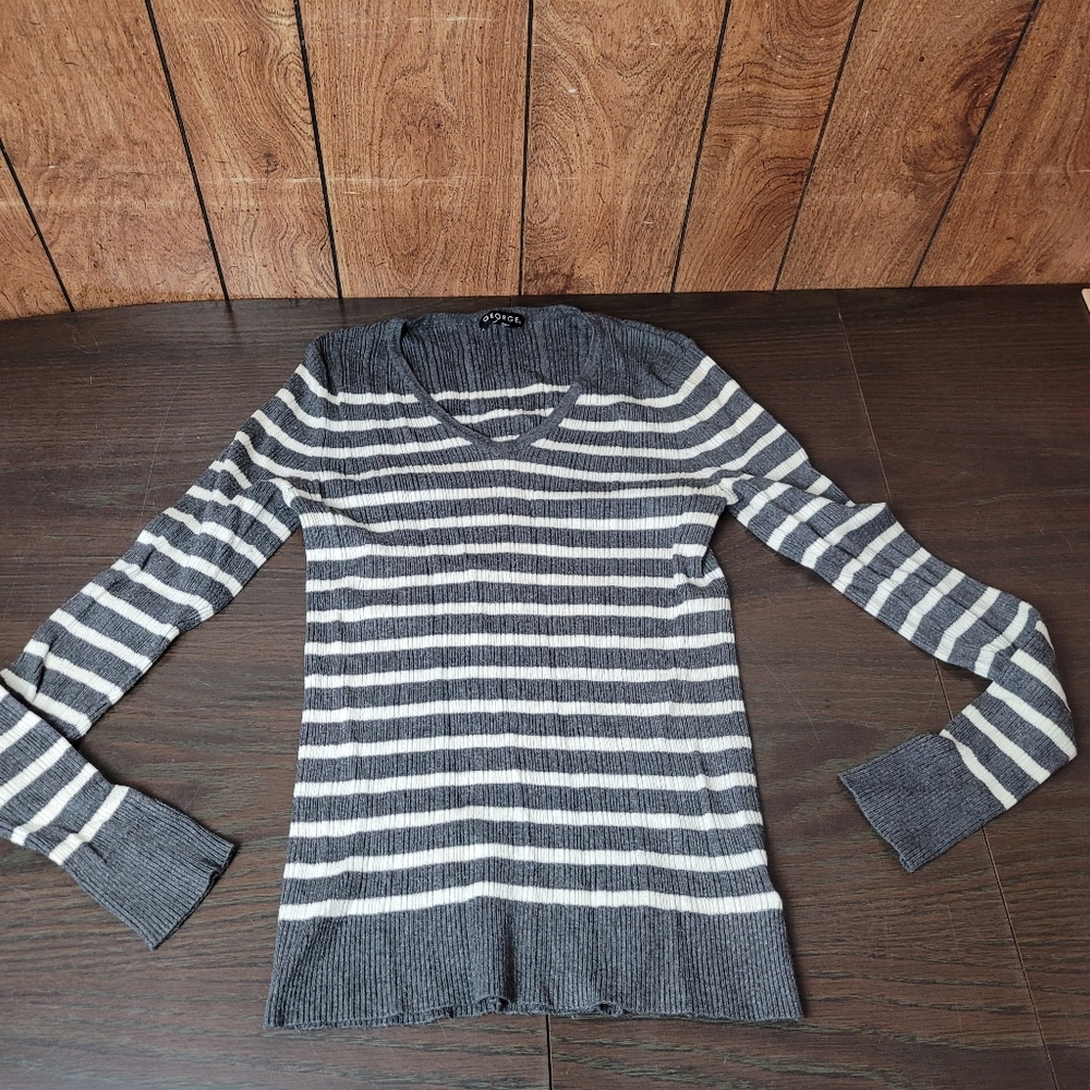 George Gray and White Striped V Neck Sweater